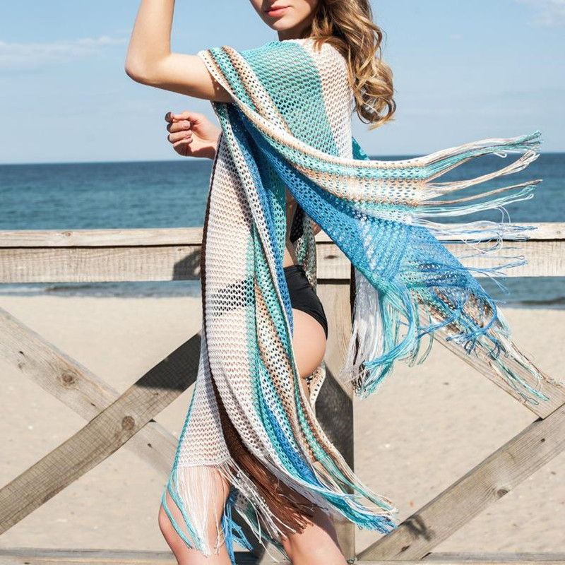 Women's Knitted Swimsuit Cover Up Hollow Out Swim Cover Up Loose Fit Dress Beachwear Coverup Dresses with Tassel