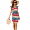 Swimsuit Coverup for Women Colorful Stripe Hollow Out Slit Crochet Cover Up Tank Dress Beach Bikini Cover Up Dresses
