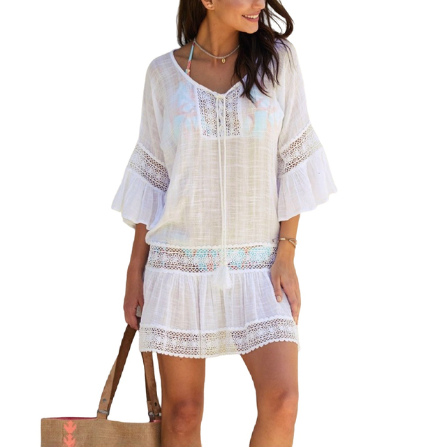 Women's Cover Up Short Sleeve Bathing Suit Cover Ups Crew Neck Tie Beach Coverup Dress