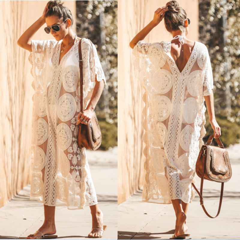 Womens Swimsuit Coverup Lace Crochet V Neck Bathing Suit Cover Up Dress Beach Cover Ups for Swimwear