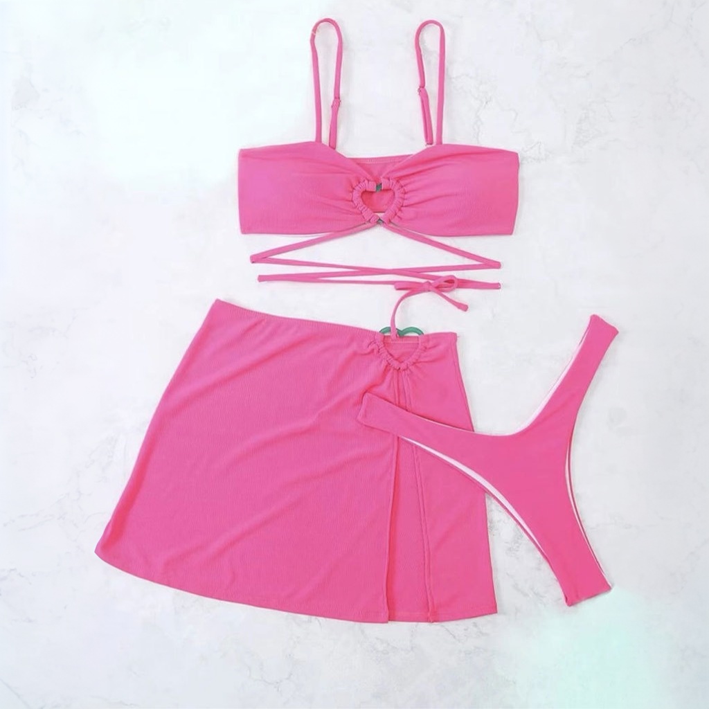 3 Piece Swimsuits Women Bikini Sets Triangle Halter Bathing Suit with Sexy Beach Cover Up