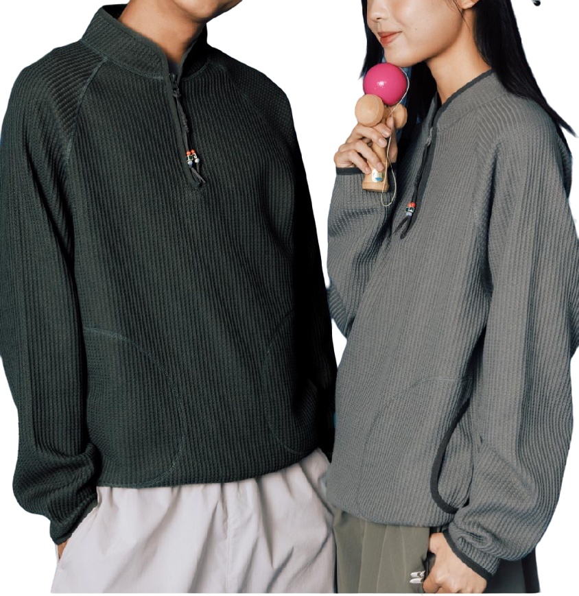 Large Grain Waffle Retro Contrast Color Stand Collar T-Shirt Long Sleeves Tees