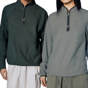 Large Grain Waffle Retro Contrast Color Stand Collar T-Shirt Long Sleeves Tees