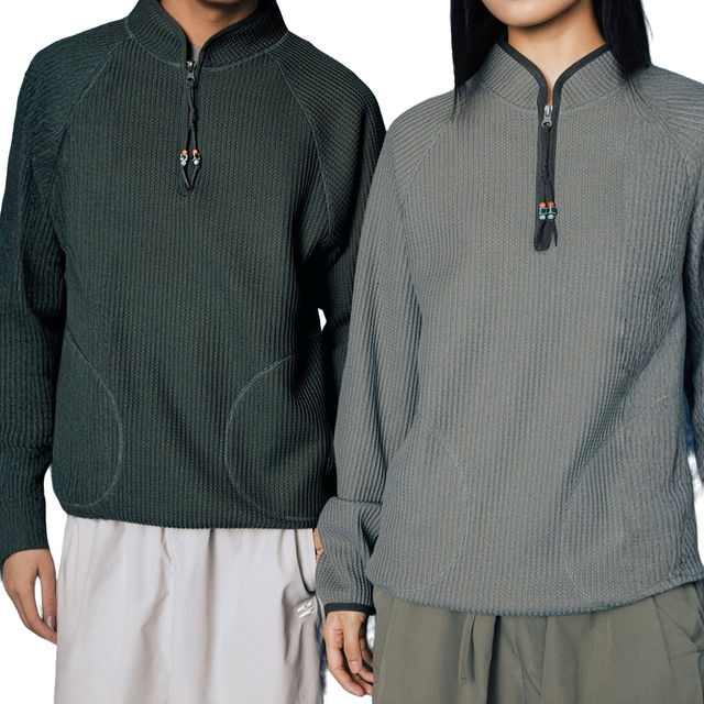 Large Grain Waffle Retro Contrast Color Stand Collar T-Shirt Long Sleeves Tees