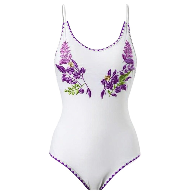 Women One Piece Swimsuit Embroidery Monokini Swimwear Scoop Neck Low Back Bathing Suit