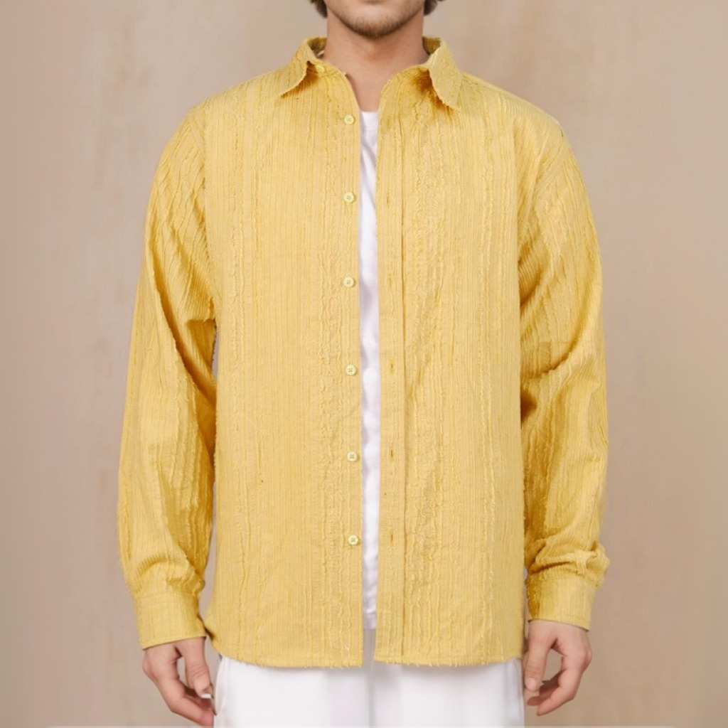 Yellow Mash Wrinkle Spread Collar Textured Slim Fit Shirt
